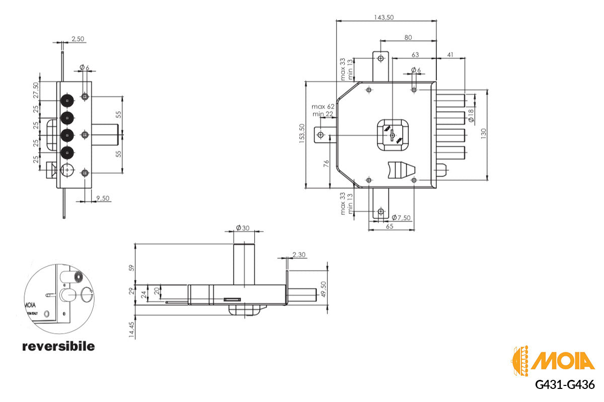 SERRATURA TRIPLICE A POMPA 1/2 GIRO MOIA G423 DX / SX