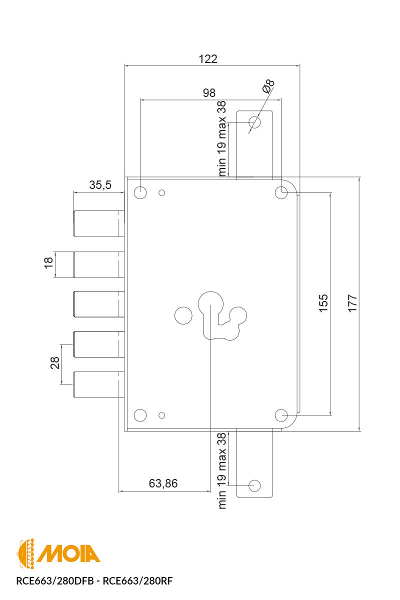 SERRATURA PER PORTA BLINDATA A CILINDRO EUROPEO MOIA RCE663/280RF