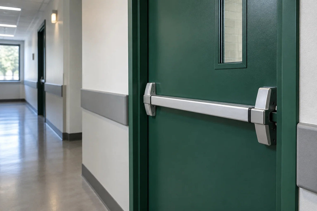 Maniglione antipanico in acciaio su una porta verde di un corridoio