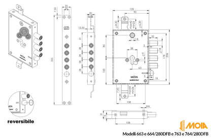 SERRATURA PER PORTA BLINDATA AD INCASSO CON PROFILO EUROPEO AD INGRANAGGI MOIA RMIS664/280DFB