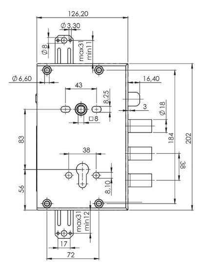 SERRATURA PER PORTA BLINDATA A CILINDRO EUROPEO AD INGRANAGGI REVERSIBILE CON SCROCCO IN ALTO E CATENACCI MAGGIORATI +10MM MOIA RCI664/380RFB+10