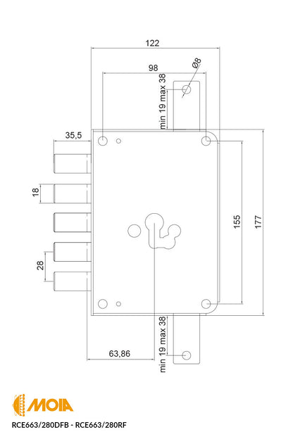 SERRATURA PER PORTA BLINDATA A CILINDRO EUROPEO  MOIA RCE663/280RF