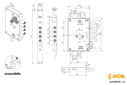 SERRATURA PER PORTA BLINDATA AD INCASSO CON PROFILO EUROPEO AD INGRANAGGI +10MM MOIA RMIS664/280DFB+10