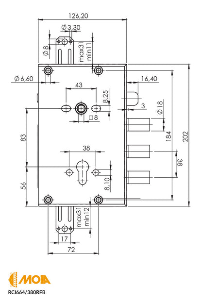 SERRATURA PER PORTA BLINDATA A CILINDRO EUROPEO AD INGRANAGGI REVERSIBILE CON SCROCCO IN ALTO E CATENACCI MAGGIORATI +10MM MOIA RCI664/380RFB+10