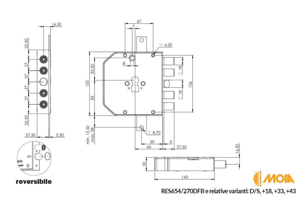 SERRATURA PER PORTA BLINDATA A CILINDRO EUROPEO MOIA RES654 / 270DFB / 270SFB