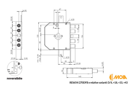 SERRATURA PER PORTA BLINDATA A CILINDRO EUROPEO MOIA RES654 / 270DFB / 270SFB
