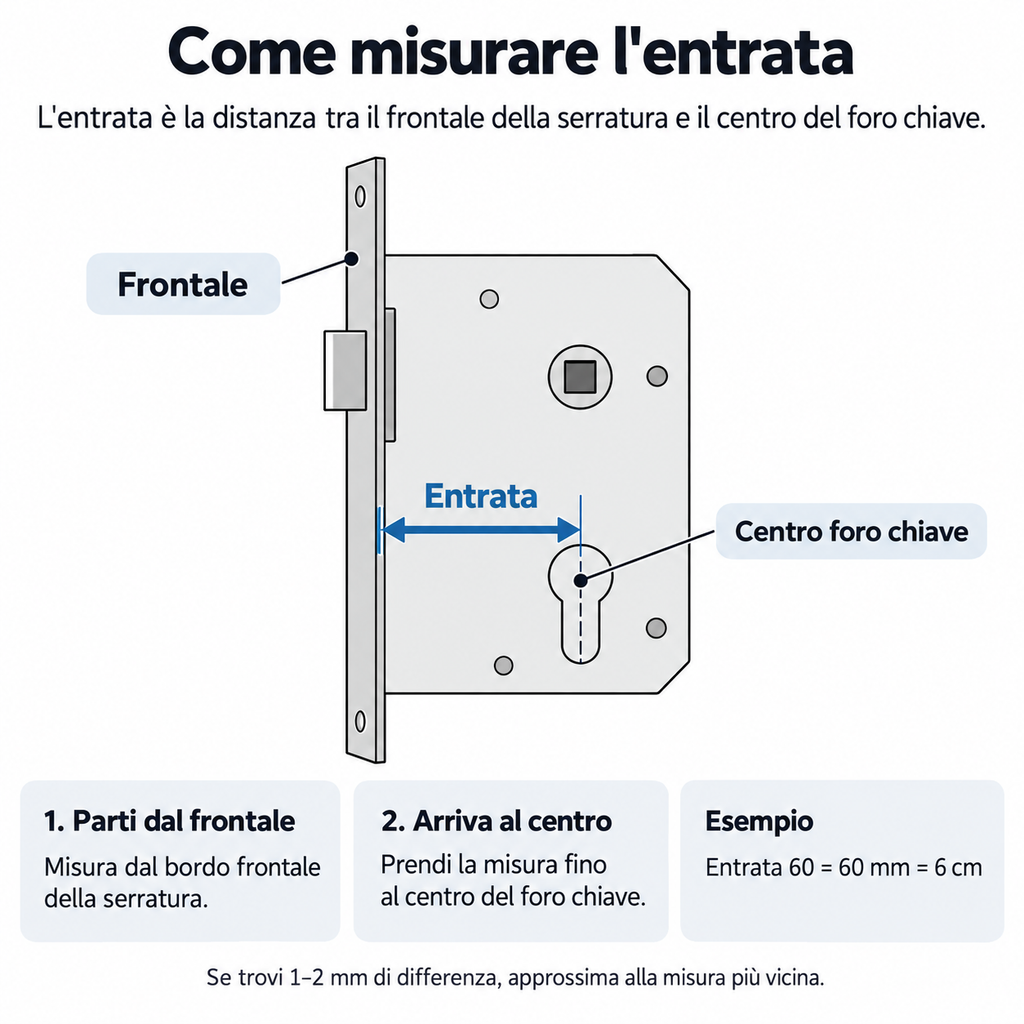 Come misurare l'entrata della serratura: distanza dal frontale al centro del foro chiave