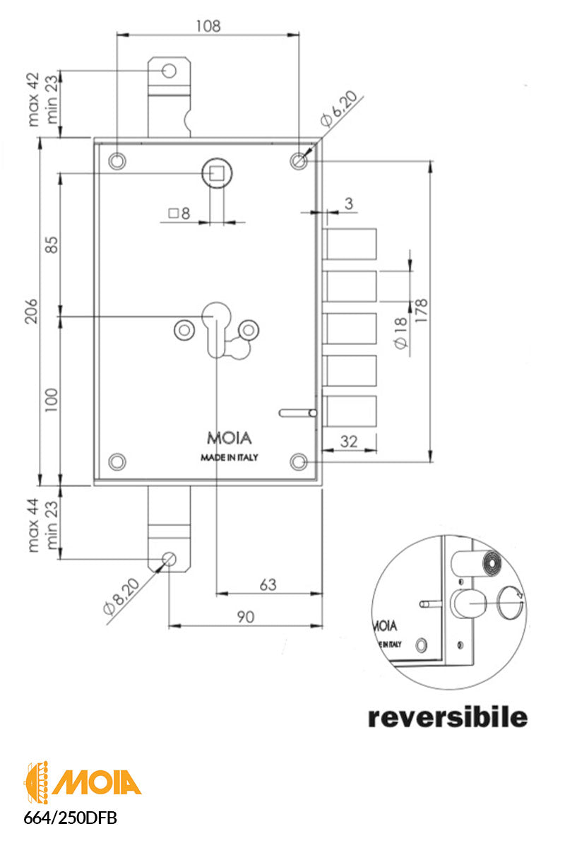 SERRATURA PER PORTA BLINDATA A CILINDRO EUROPEO PASSO CHIAVISTELLI 25MM MOIA MOIA 664/250DFB