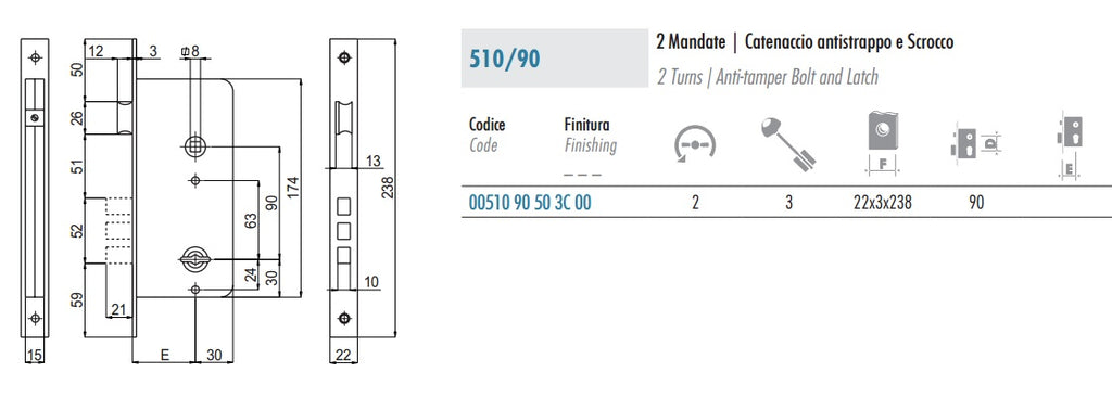 SERRATURA INFILARRE 510/90 A DOPPIA MAPPA SAB 0051090503C00