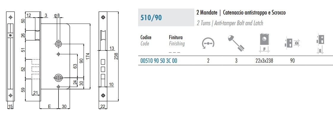 SERRATURA INFILARRE 510/90 A DOPPIA MAPPA SAB 0051090503C00
